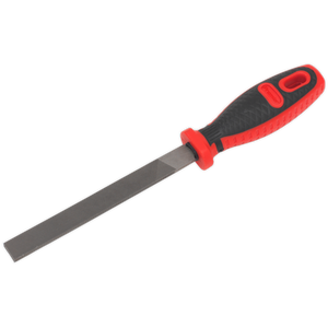 Introducing the Sealey Flat Engineer's Hand File 150mm - AK5806: A double cut coarse file featuring a rectangular blade and a sleek black and red comfort grip handle. This premium hand tool comes with the assurance of a lifetime guarantee.