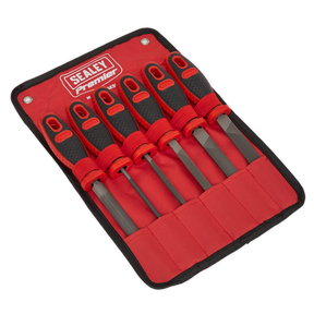 A set of six Sealey Engineer's File Set 6pc 150mm - AK580 second cut coarse files with comfort grip handles, neatly organized in a red fabric case.