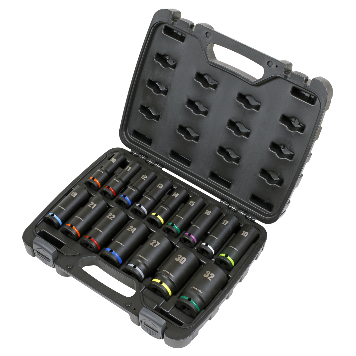 A black plastic case holds the Sealey Impact Socket Set 16pc 1/2"Sq Drive Deep Metric - AK5818M, featuring a set of 16 Chrome Vanadium steel socket wrenches of various sizes. The case is open, displaying the wrenches, each labeled with their respective sizes. These professional hand tools come with a Lifetime Guarantee.