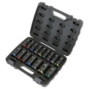 A black plastic case holds the Sealey Impact Socket Set 16pc 1/2"Sq Drive Deep Metric - AK5818M, featuring a set of 16 Chrome Vanadium steel socket wrenches of various sizes. The case is open, displaying the wrenches, each labeled with their respective sizes. These professional hand tools come with a Lifetime Guarantee.