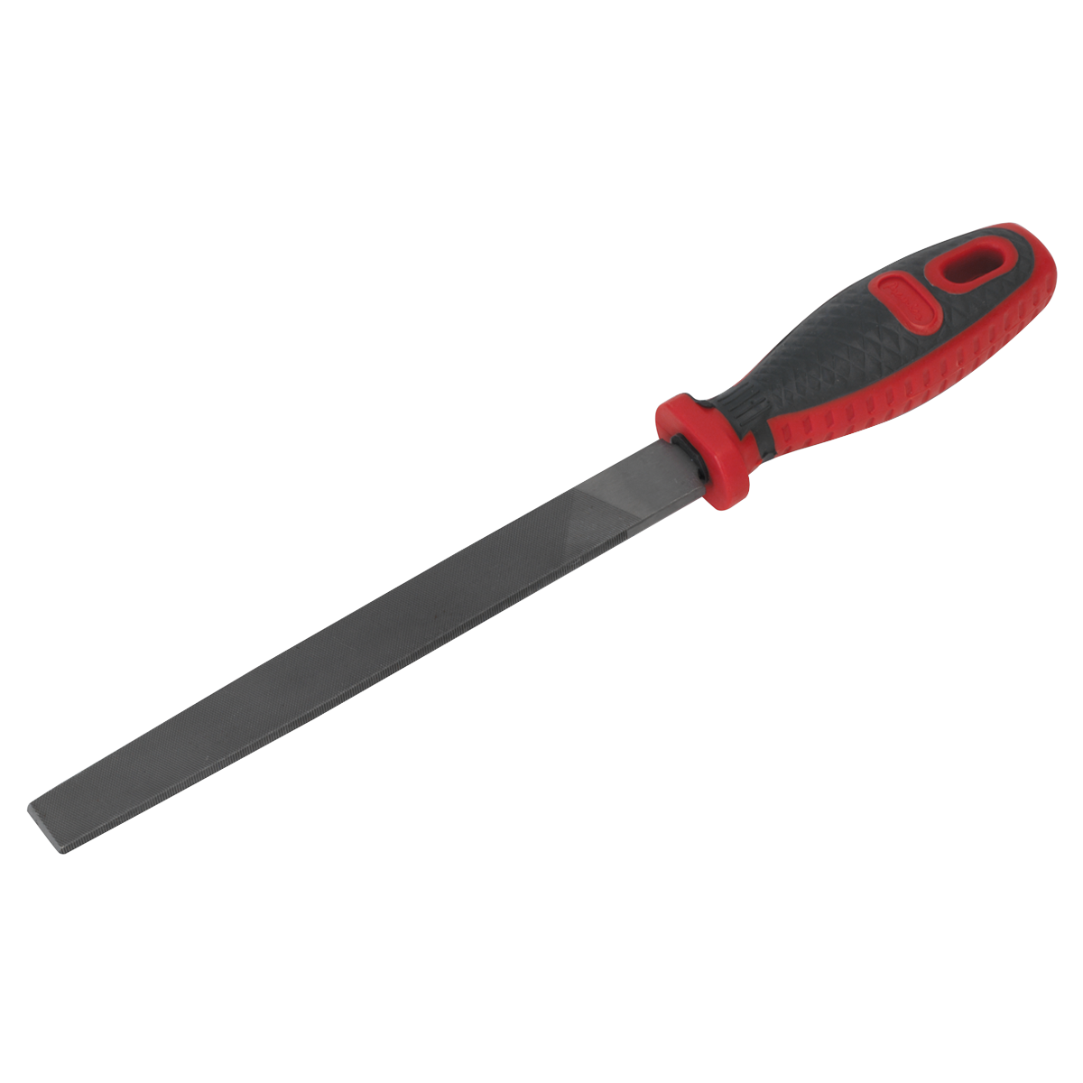 The Sealey Smooth Cut Flat Engineer's File 200mm (AK5865) features a black and red comfort grip handle, ideal for smoothing or shaping materials, and comes with a lifetime guarantee.