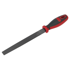 The Sealey Smooth Cut Flat Engineer's File 200mm (AK5865) features a black and red comfort grip handle, ideal for smoothing or shaping materials, and comes with a lifetime guarantee.
