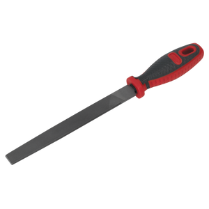 The Sealey Smooth Cut Flat Engineer's File 200mm (AK5865) features a black and red comfort grip handle, ideal for smoothing or shaping materials, and comes with a lifetime guarantee.