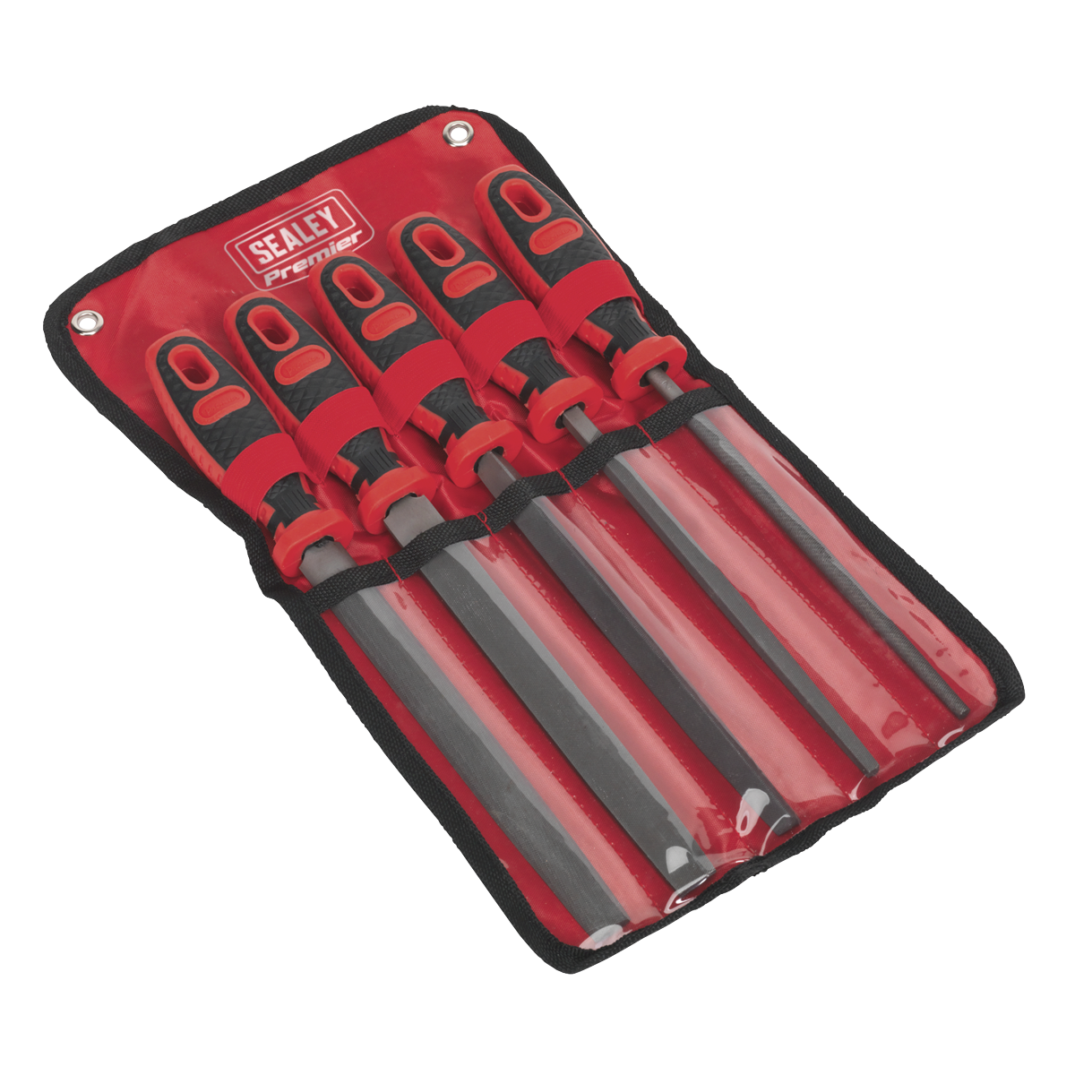 Introducing the Sealey Smooth Cut Engineer’s File Set (AK586), a set of five metal files, each 200mm in length, with red and black comfort grip handles. This premium set is neatly stored in a red and black tool pouch featuring transparent sleeves, emblazoned with the Sealey Premier logo.