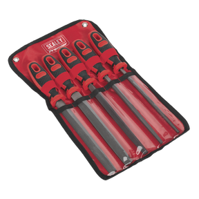 Introducing the Sealey Smooth Cut Engineer’s File Set (AK586), a set of five metal files, each 200mm in length, with red and black comfort grip handles. This premium set is neatly stored in a red and black tool pouch featuring transparent sleeves, emblazoned with the Sealey Premier logo.