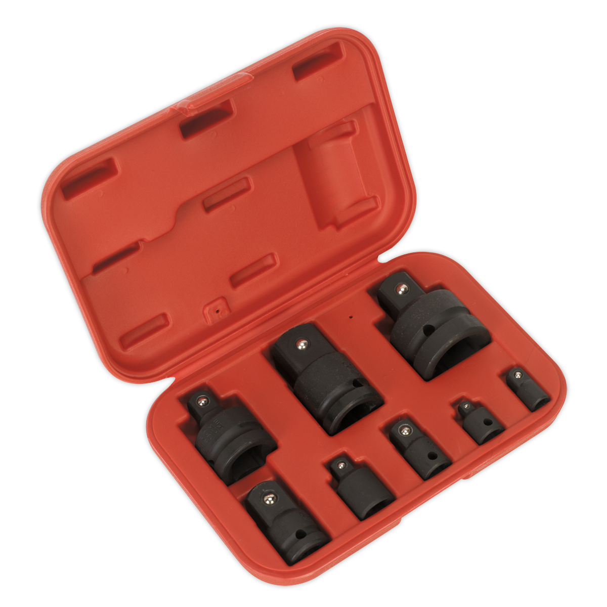 A red plastic case housing the Sealey Impact Socket Adaptor Set 8pc - AK5900B contains eight black socket adapters of varying sizes, crafted from durable Chrome Vanadium steel and neatly organized within individual slots. This set is an excellent addition to any Premier Hand Tools collection.