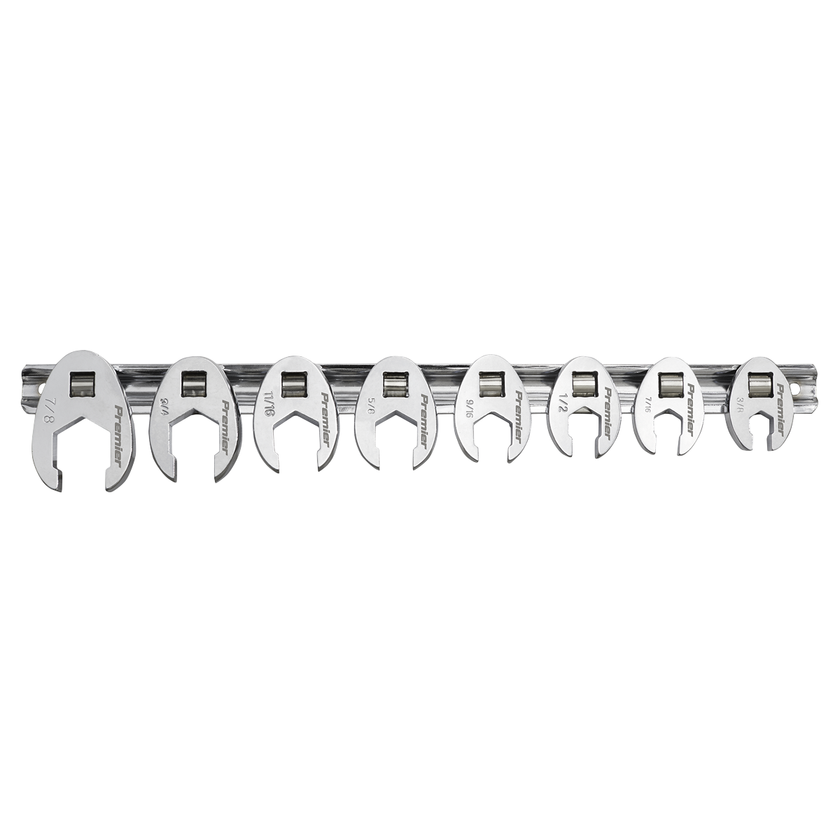 The Crow's Foot Spanner Set 8pc 3/8"Sq Drive Imperial - AK599 from Sealey features eight open-end crowfoot wrenches crafted with Chrome Vanadium steel jaws, each varying in size and neatly arranged on a metal rack, all backed by a lifetime guarantee.