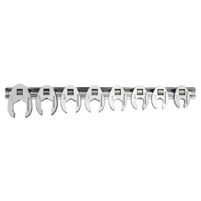 The Crow's Foot Spanner Set 8pc 3/8"Sq Drive Imperial - AK599 from Sealey features eight open-end crowfoot wrenches crafted with Chrome Vanadium steel jaws, each varying in size and neatly arranged on a metal rack, all backed by a lifetime guarantee.
