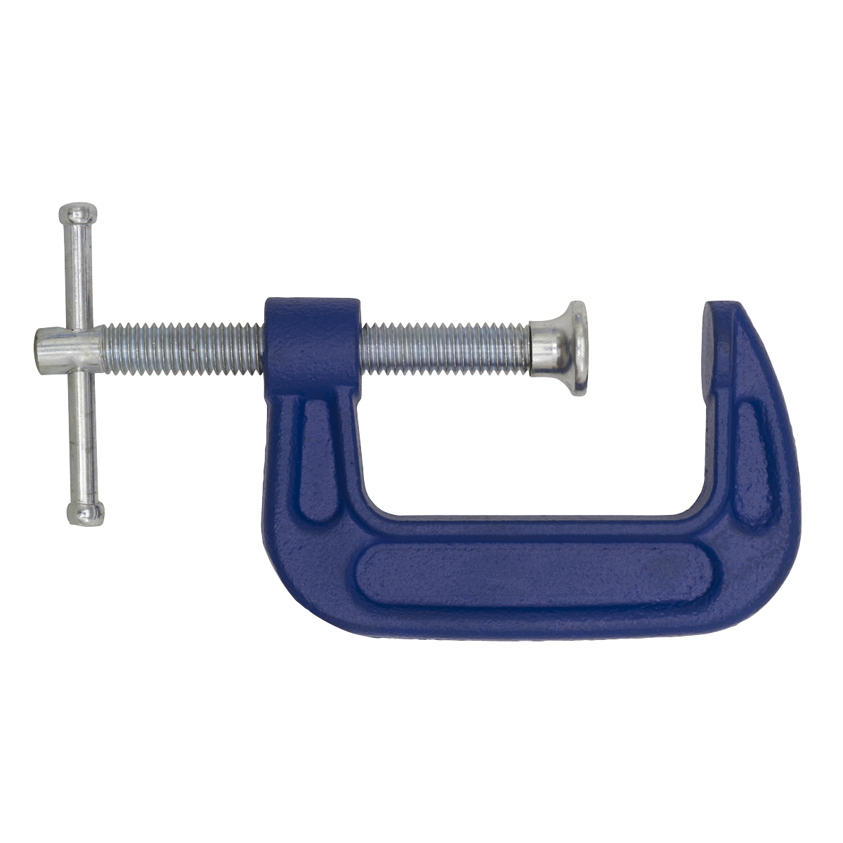 The Sealey G-Clamp 50mm - AK6002 is a blue clamp with a forged body, silver screw mechanism, and a swivel tip that is ideal for securing objects in woodworking or metalworking.