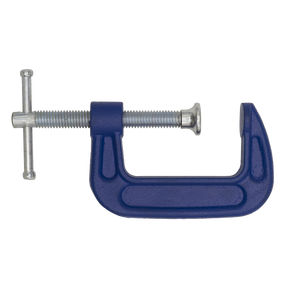 The Sealey G-Clamp 50mm - AK6002 is a blue clamp with a forged body, silver screw mechanism, and a swivel tip that is ideal for securing objects in woodworking or metalworking.