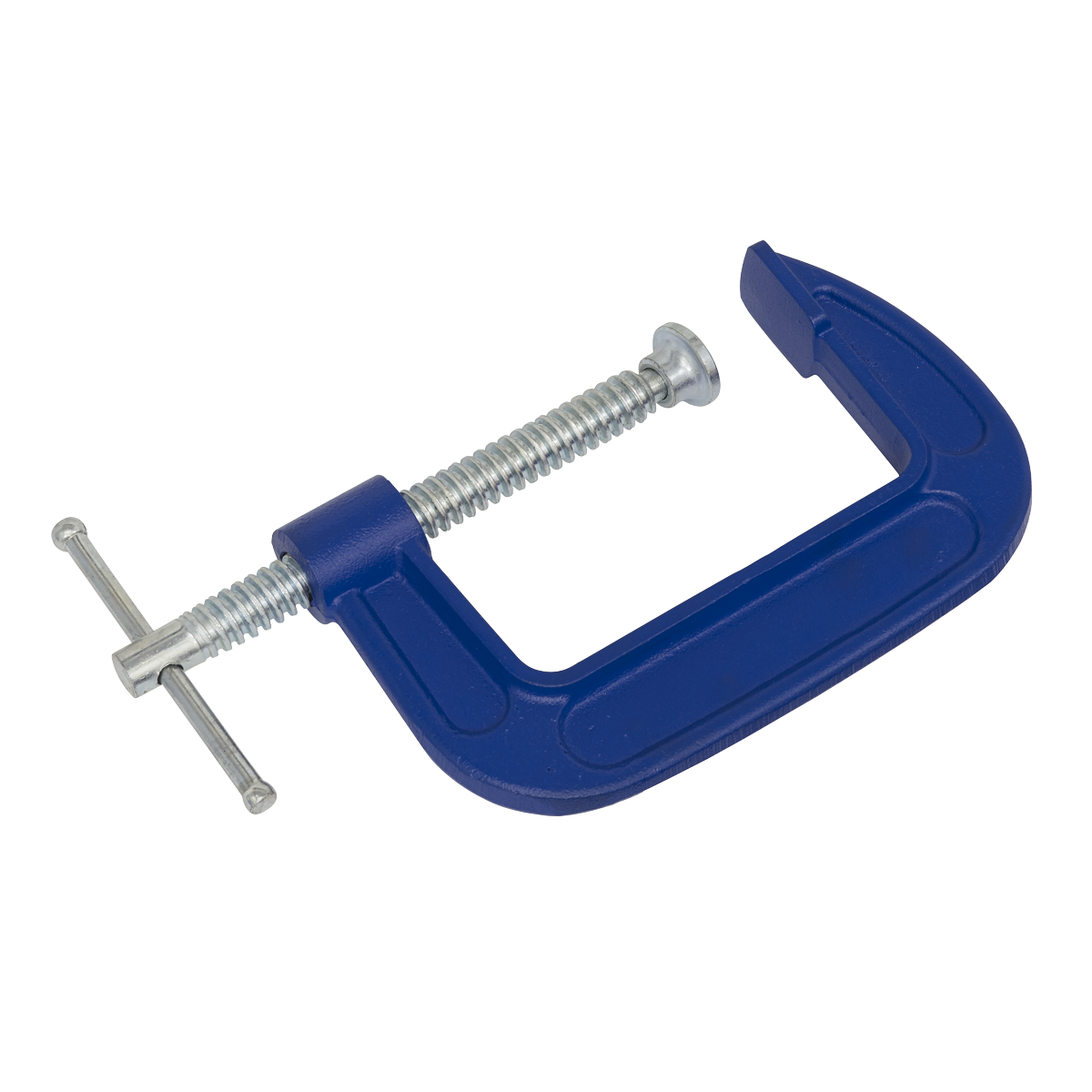 The Sealey G-Clamp 75mm, model AK6003, features a blue forged body along with a metal screw and handle, making it perfect for securing objects in place during woodworking or repair tasks.