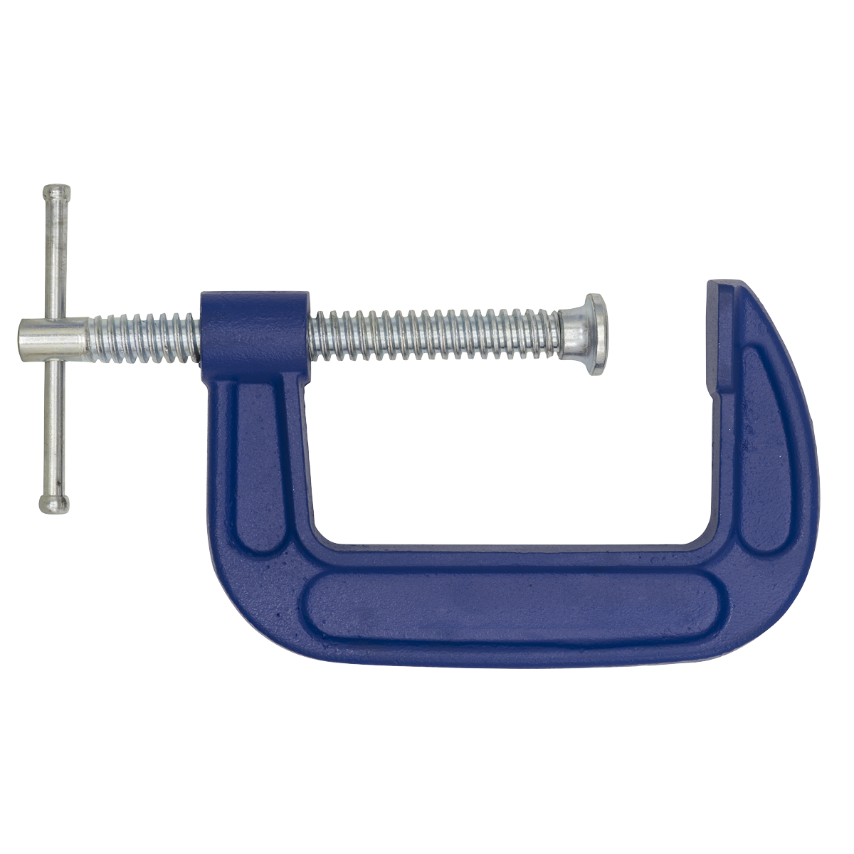 The Sealey G-Clamp 75mm - AK6003 features a blue forged body complemented by a silver screw mechanism, engineered to hold objects securely in place.