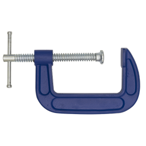 The Sealey G-Clamp 75mm - AK6003 features a blue forged body complemented by a silver screw mechanism, engineered to hold objects securely in place.
