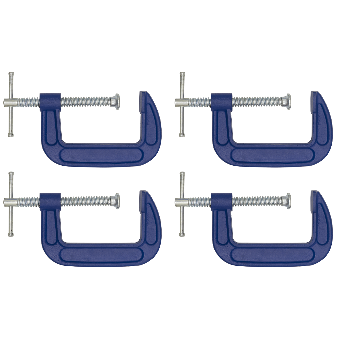 Four Sealey G-Clamp 75mm - Pack of 4 - AK60034 with silver screws are arranged in a rectangular pattern against a white background.