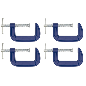 Four Sealey G-Clamp 75mm - Pack of 4 - AK60034 with silver screws are arranged in a rectangular pattern against a white background.