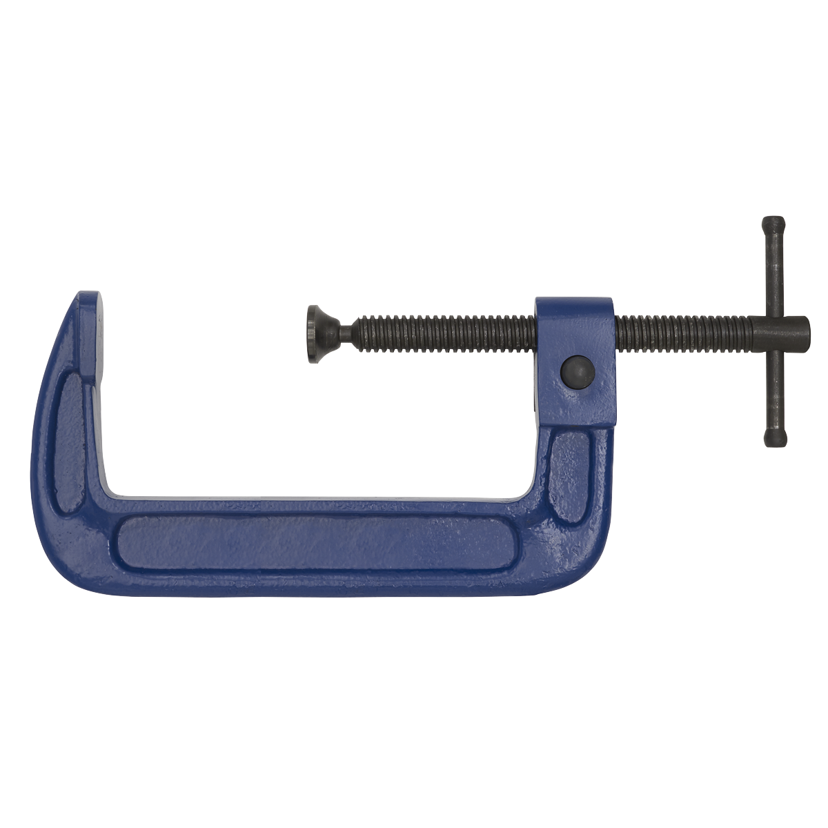 An image of the Sealey 150mm Quick Release G-Clamp - AK6006Q, showcasing a blue metal body with a black screw mechanism used for securing objects. The clamp, equipped with a swivel tip, is positioned horizontally with the screw pointing to the right.