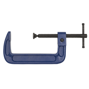An image of the Sealey 150mm Quick Release G-Clamp - AK6006Q, showcasing a blue metal body with a black screw mechanism used for securing objects. The clamp, equipped with a swivel tip, is positioned horizontally with the screw pointing to the right.