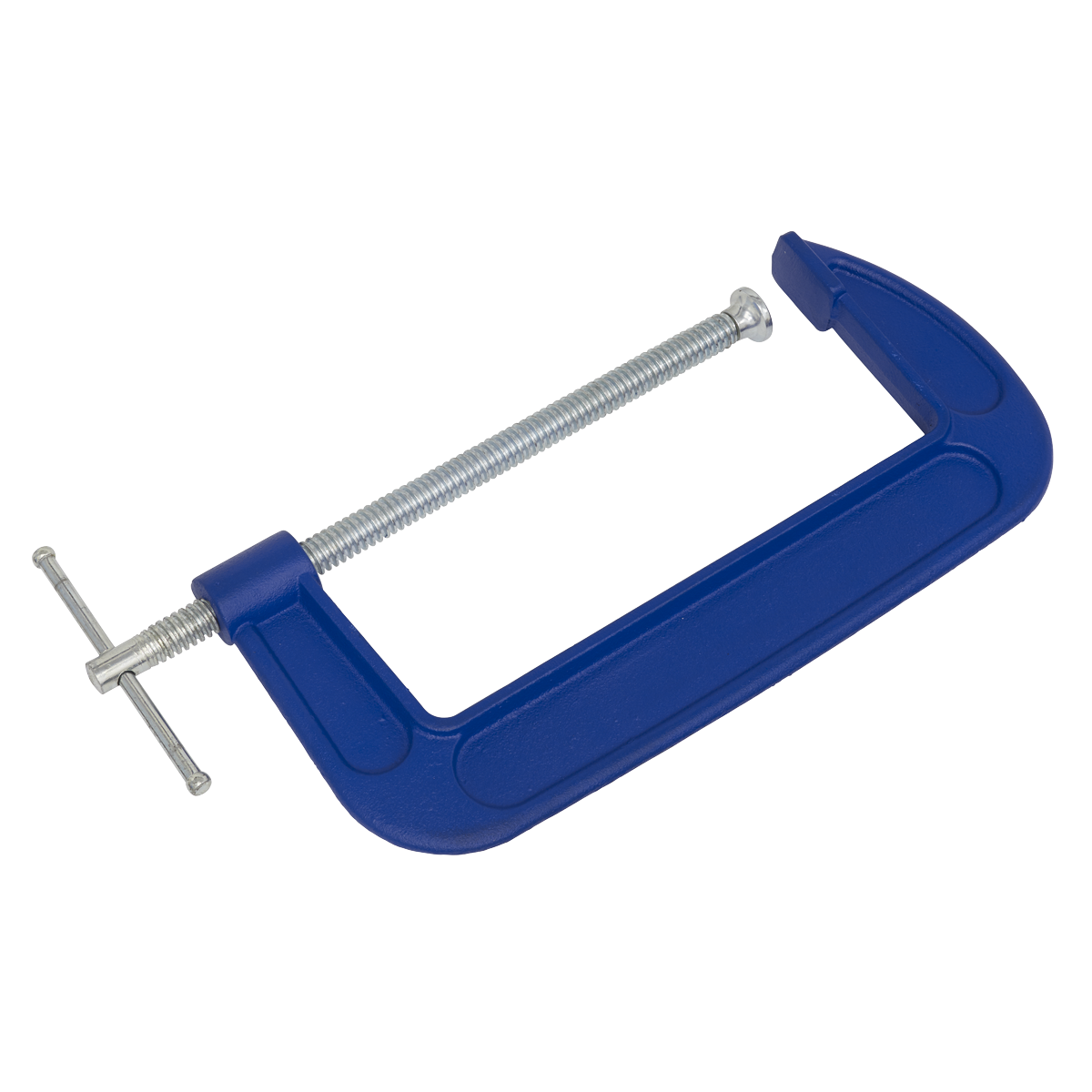 The Sealey G-Clamp 200mm - AK6008 features a blue forged body with a metal tightening screw and a swivel tip, designed to hold materials together securely.