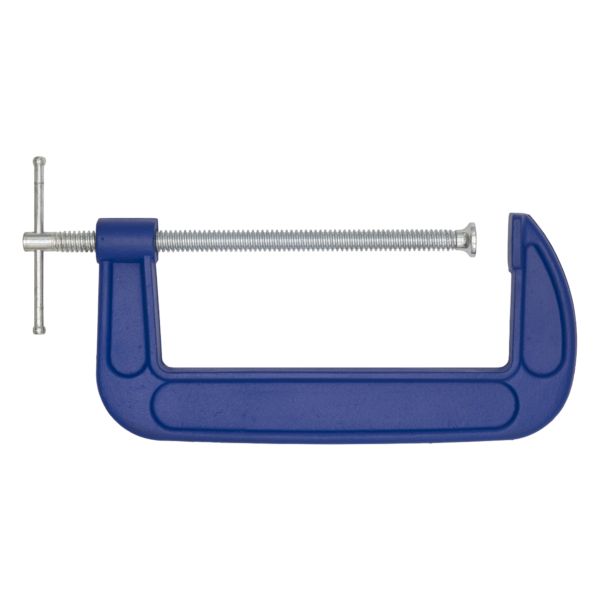 A Sealey G-Clamp 200mm - AK6008, featuring a blue metal body, a silver threaded screw handle, and a swivel tip, positioned against a plain white background.