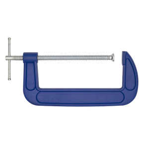 A Sealey G-Clamp 200mm - AK6008, featuring a blue metal body, a silver threaded screw handle, and a swivel tip, positioned against a plain white background.