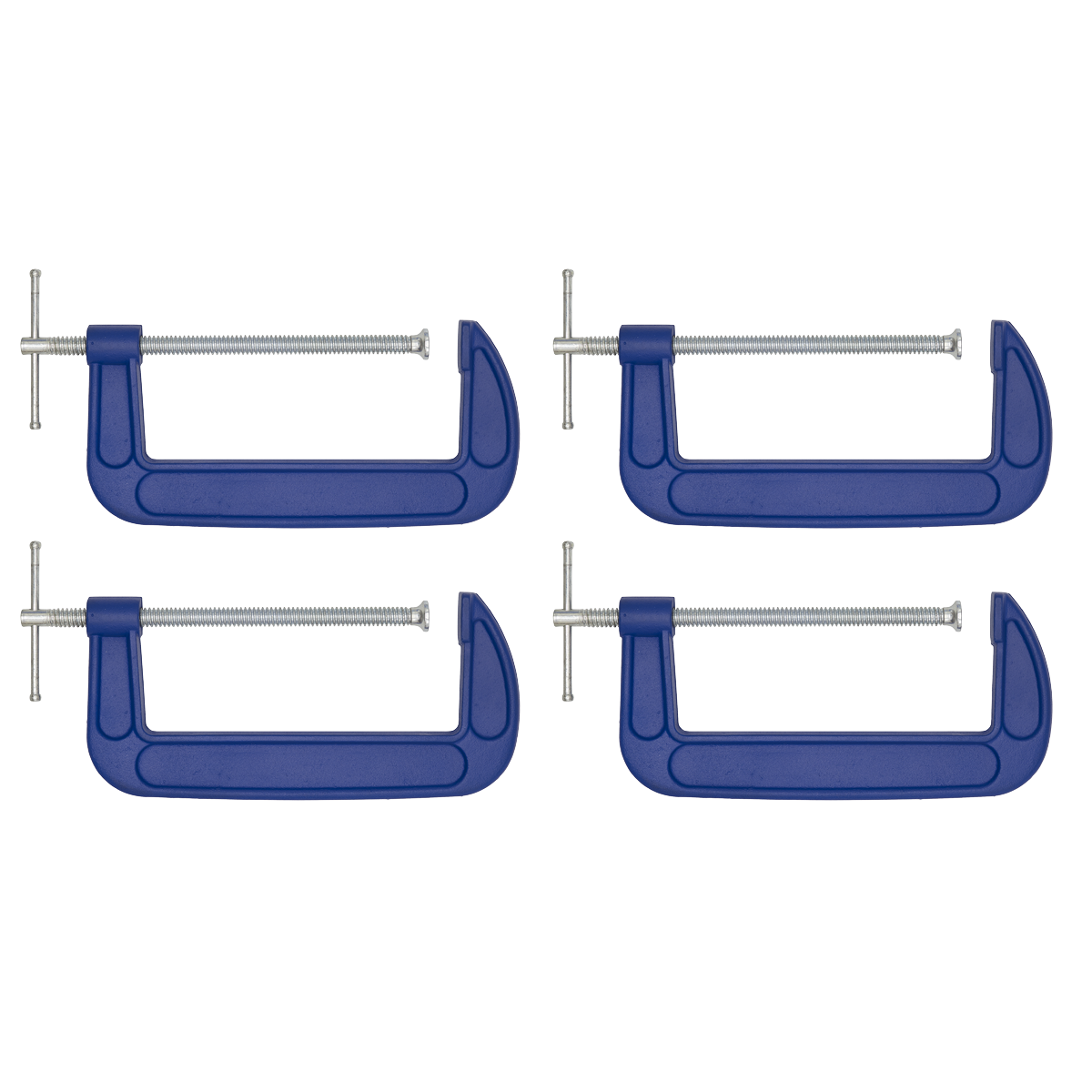 Four Sealey G-Clamp 200mm (Pack of 4 - AK60084) with silver screws and swivel tips are aligned in two rows against a white background.