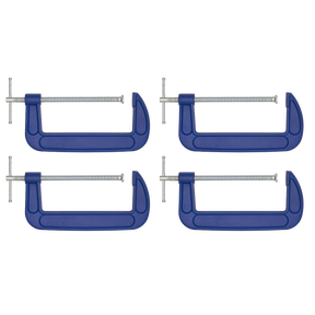 Four Sealey G-Clamp 200mm (Pack of 4 - AK60084) with silver screws and swivel tips are aligned in two rows against a white background.