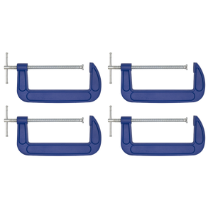 Four Sealey G-Clamp 200mm (Pack of 4 - AK60084) with silver screws and swivel tips are aligned in two rows against a white background.