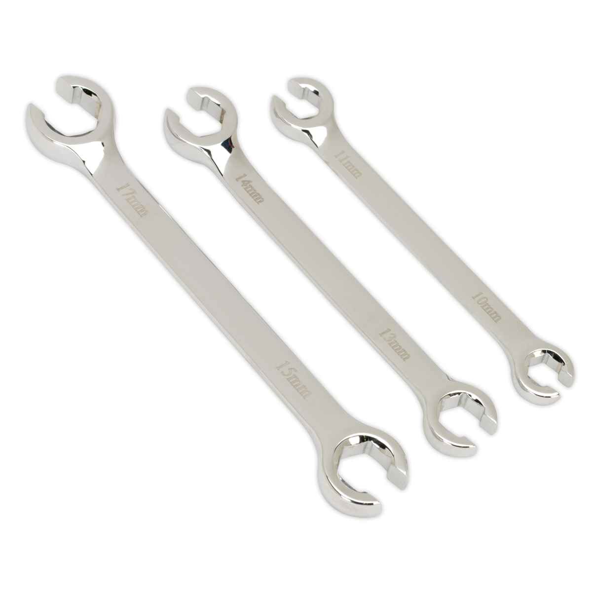 Three Flare Nut Spanners, part of the Sealey AK600 3-piece metric set, in sizes 11 mm, 13 mm, and 15 mm, crafted from Chrome Vanadium steel for enhanced durability, are laid out in a row on a plain background.