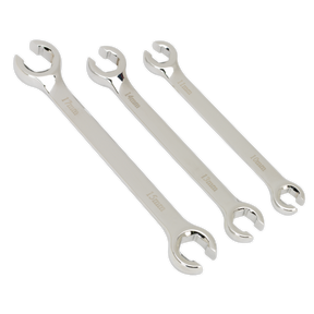 Three Flare Nut Spanners, part of the Sealey AK600 3-piece metric set, in sizes 11 mm, 13 mm, and 15 mm, crafted from Chrome Vanadium steel for enhanced durability, are laid out in a row on a plain background.