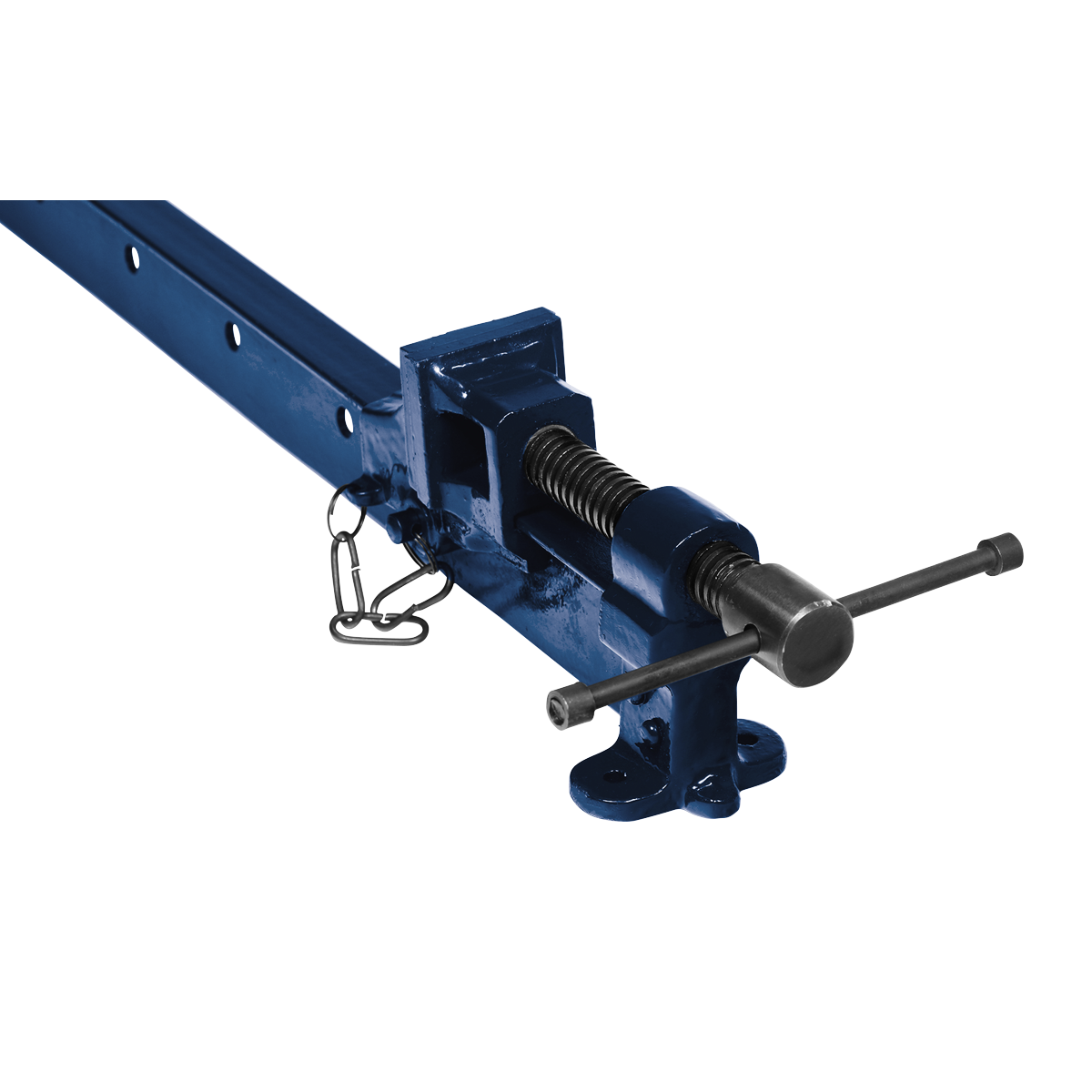 A close-up of the Sealey Sash Clamp 900mm - AK6036, a blue metal mechanical jack with a threaded rod and a handle for manual operation, featuring forged clamp jaws and bolts on a white background; ideal for carpenters and cabinet-makers.