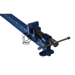 A close-up of the Sealey Sash Clamp 900mm - AK6036, a blue metal mechanical jack with a threaded rod and a handle for manual operation, featuring forged clamp jaws and bolts on a white background; ideal for carpenters and cabinet-makers.