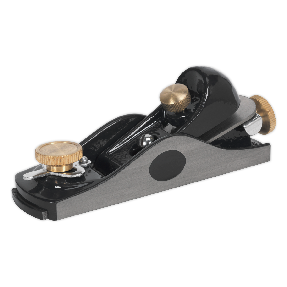 The Sealey Block Plane - AK6092 is a fully adjustable hand planer tool with a cast iron body and a carbon steel cutting blade, featuring adjustment knobs for precision smoothing of wood surfaces.