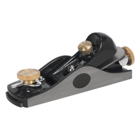 The Sealey Block Plane - AK6092 is a fully adjustable hand planer tool with a cast iron body and a carbon steel cutting blade, featuring adjustment knobs for precision smoothing of wood surfaces.