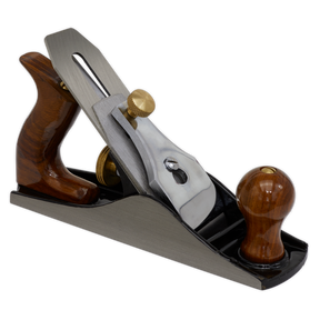 The Sealey Smoothing Plane - AK6093 features a cast iron body, a wooden handle and knob, a polished carbon steel blade, and precise adjustment mechanisms.
