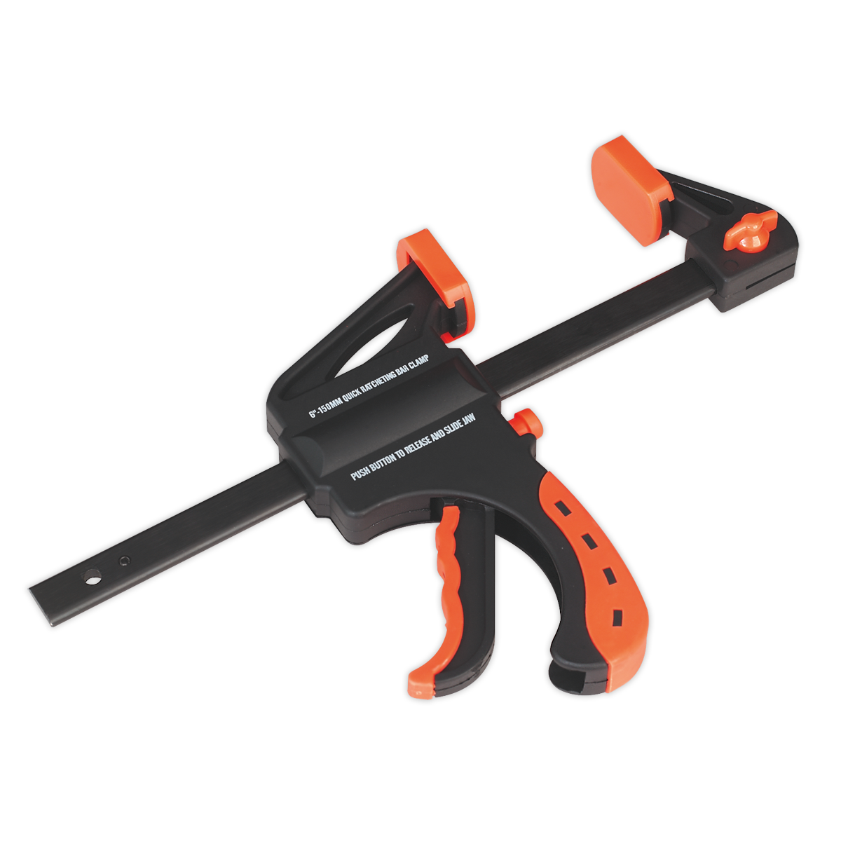 Introducing the Sealey Ratchet Bar Clamp 150mm - AK6101, a black and orange quick-release bar clamp featuring a comfort grip handle. This tool comes equipped with a sliding mechanism, adjustable grip, and quick release button for efficiently securing items.