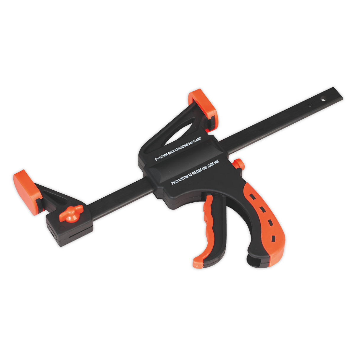 The Sealey Ratchet Bar Clamp 150mm - AK6101, featuring a comfort grip handle and a trigger mechanism for adjusting and securing materials, in black and orange, isolated on a white background.