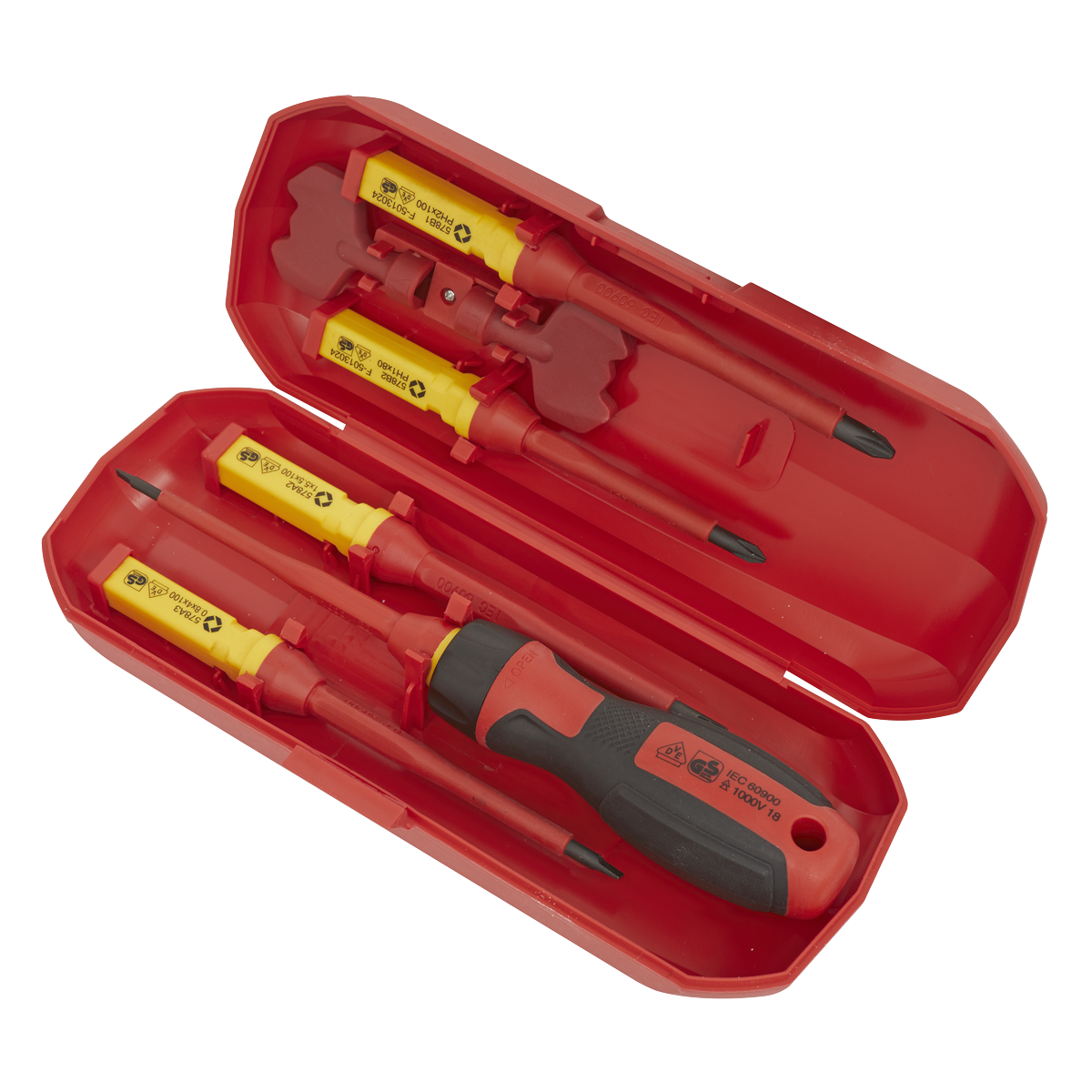 A red tool case containing a Sealey Screwdriver Set Interchangeable 8pc - VDE Approved - AK61280, which includes a black and red screwdriver handle and several interchangeable, insulated, VDE-approved screwdriver bits.