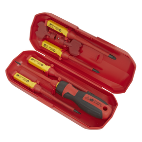 A red tool case containing a Sealey Screwdriver Set Interchangeable 8pc - VDE Approved - AK61280, which includes a black and red screwdriver handle and several interchangeable, insulated, VDE-approved screwdriver bits.