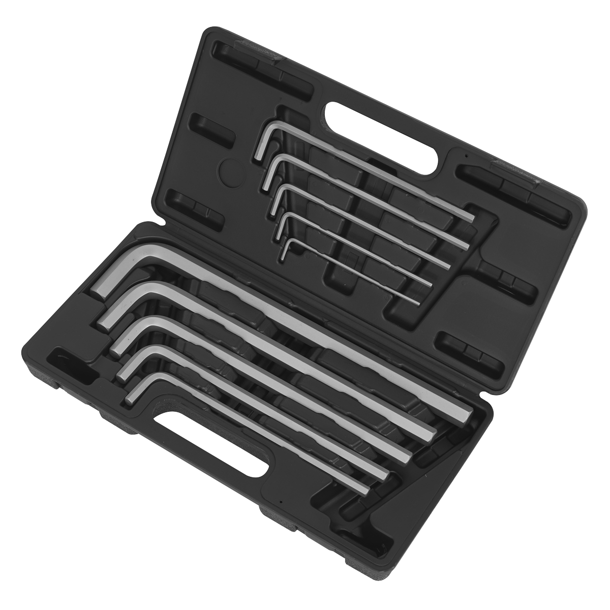 The Sealey Jumbo Hex Key Set 10pc Metric - AK6143 includes a robust black plastic case housing nine L-shaped hex keys of various sizes, all meticulously crafted from durable Chrome Vanadium steel.