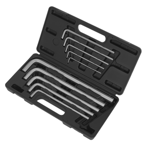 The Sealey Jumbo Hex Key Set 10pc Metric - AK6143 includes a robust black plastic case housing nine L-shaped hex keys of various sizes, all meticulously crafted from durable Chrome Vanadium steel.
