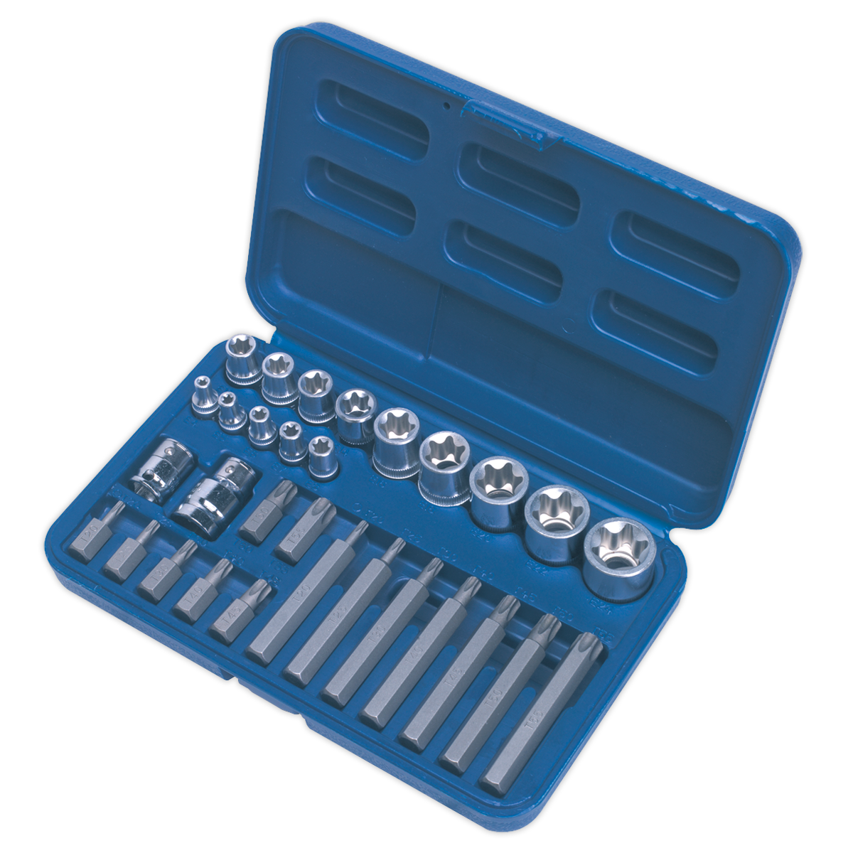 The Sealey TRX-Star* Socket & Bit Set 30pc 1/4", 3/8" & 1/2"Sq Drive - AK619 includes a blue plastic case with various metal hex and torx bits and sockets, all made from hardened, tempered S2 steel, neatly arranged in dedicated slots.