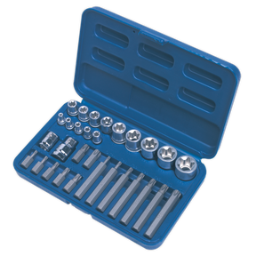 The Sealey TRX-Star* Socket & Bit Set 30pc 1/4", 3/8" & 1/2"Sq Drive - AK619 includes a blue plastic case with various metal hex and torx bits and sockets, all made from hardened, tempered S2 steel, neatly arranged in dedicated slots.
