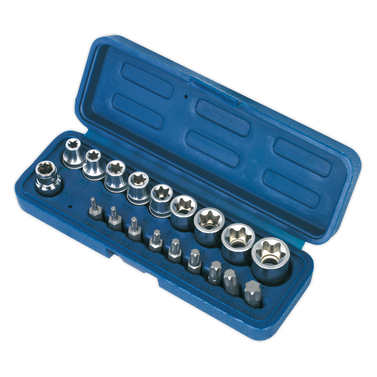 A Sealey TRX-Star* Socket & Bit Set, model AK6191, comes in a blue plastic case and includes 19 pieces on a 3/8" square drive. The set comprises S2 Steel socket and star bits, which are organized in individual slots.