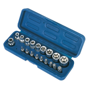 A Sealey TRX-Star* Socket & Bit Set, model AK6191, comes in a blue plastic case and includes 19 pieces on a 3/8" square drive. The set comprises S2 Steel socket and star bits, which are organized in individual slots.