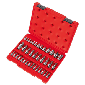 Sealey's TRX-Star* Socket & Security Socket Bit Set, model AK6197, is presented in a striking red case with a premium assortment of labeled hex bit sockets arranged in neatly organized rows. Crafted from durable Chrome Vanadium Steel, this 38-piece set includes TRX-Star Socket Bits to ensure superior performance for any DIY enthusiast. Ideal for enhancing your collection of Premier Hand Tools.