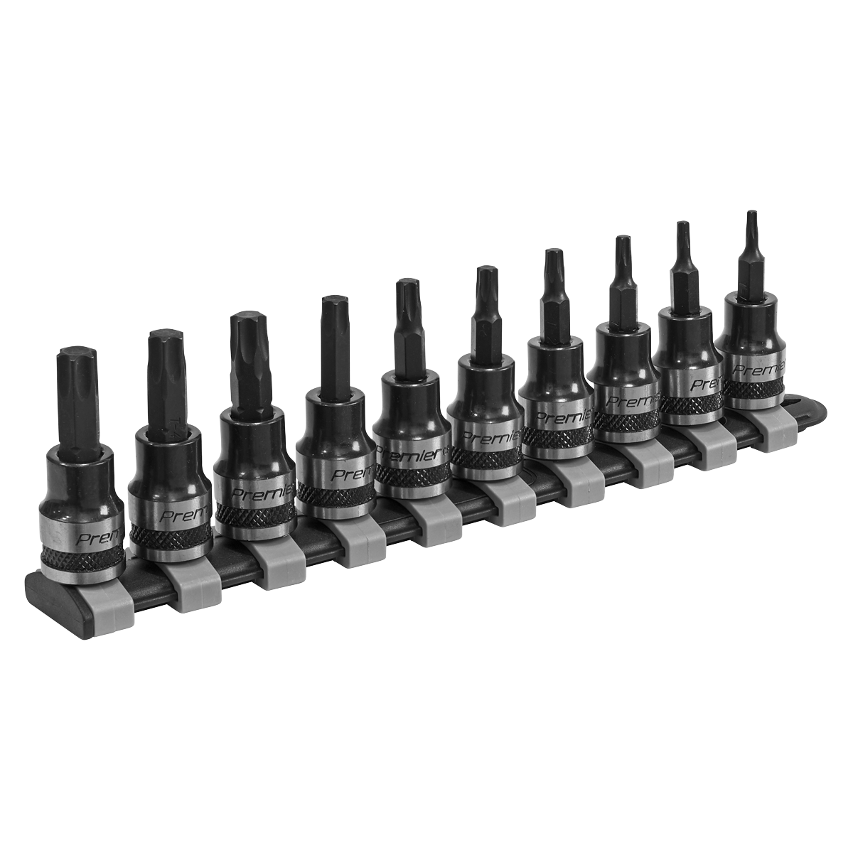 The Sealey TRX-Star* Socket Bit Set 10pc 3/8"Sq Drive Black Series - AK6207B, featuring ten hex socket bits of varying sizes, is neatly arranged on a holder. Crafted from durable Chrome Vanadium steel sockets, this bit set is designed for use with a socket wrench.