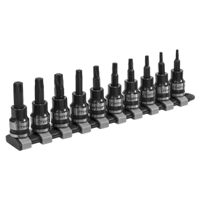 The Sealey TRX-Star* Socket Bit Set 10pc 3/8"Sq Drive Black Series - AK6207B, featuring ten hex socket bits of varying sizes, is neatly arranged on a holder. Crafted from durable Chrome Vanadium steel sockets, this bit set is designed for use with a socket wrench.