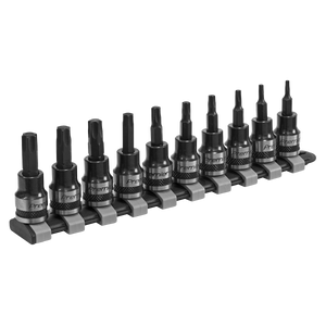 The Sealey TRX-Star* Socket Bit Set 10pc 3/8"Sq Drive Black Series - AK6207B, featuring ten hex socket bits of varying sizes, is neatly arranged on a holder. Crafted from durable Chrome Vanadium steel sockets, this bit set is designed for use with a socket wrench.