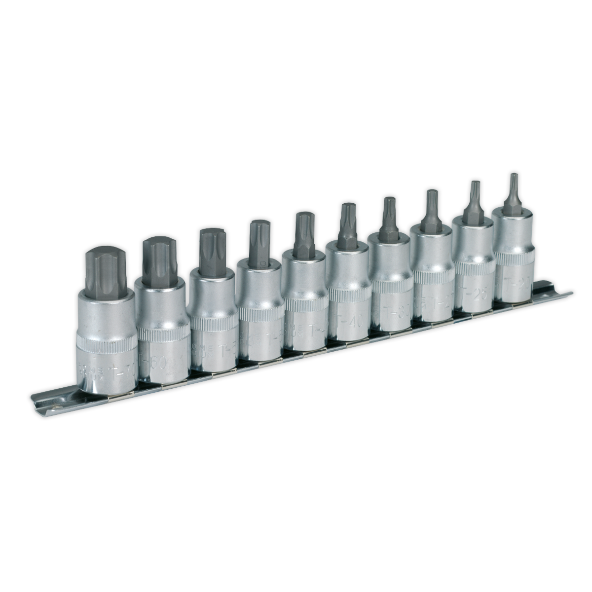 The Sealey TRX-Star* Socket Bit Set (AK6208) includes ten 1/2" square drive socket wrenches of varying sizes, arranged on a metal rack for professional use.