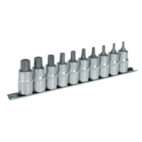 The Sealey TRX-Star* Socket Bit Set (AK6208) includes ten 1/2" square drive socket wrenches of varying sizes, arranged on a metal rack for professional use.